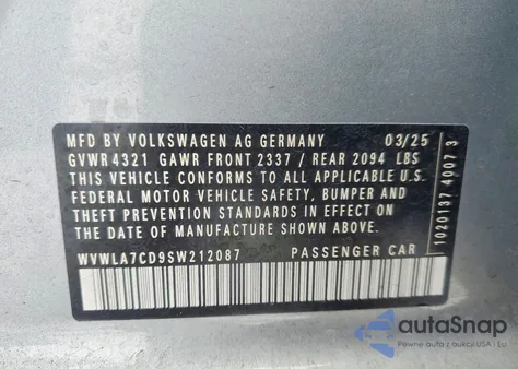 2025 Volkswagen Gti S z USA, uszkodzony, nr VIN WVWLA7CD9SW212087